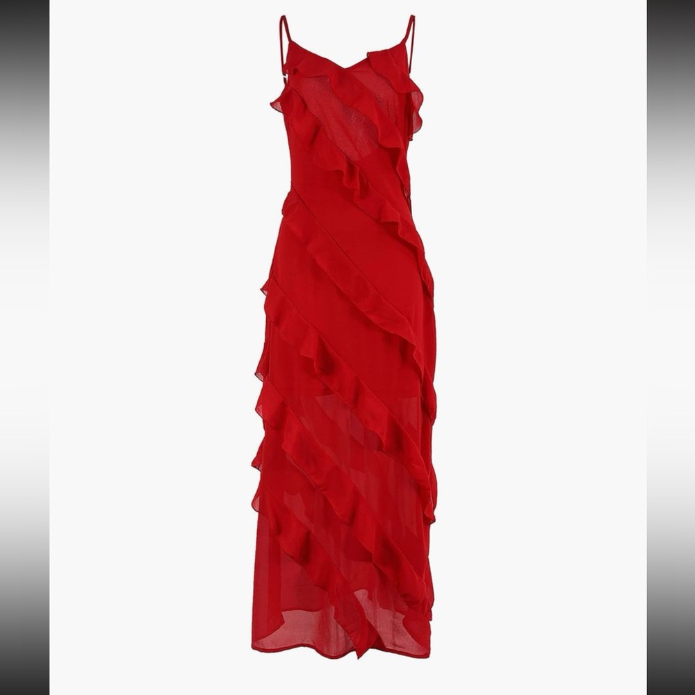 Red laddered ruffled zippered long dress
